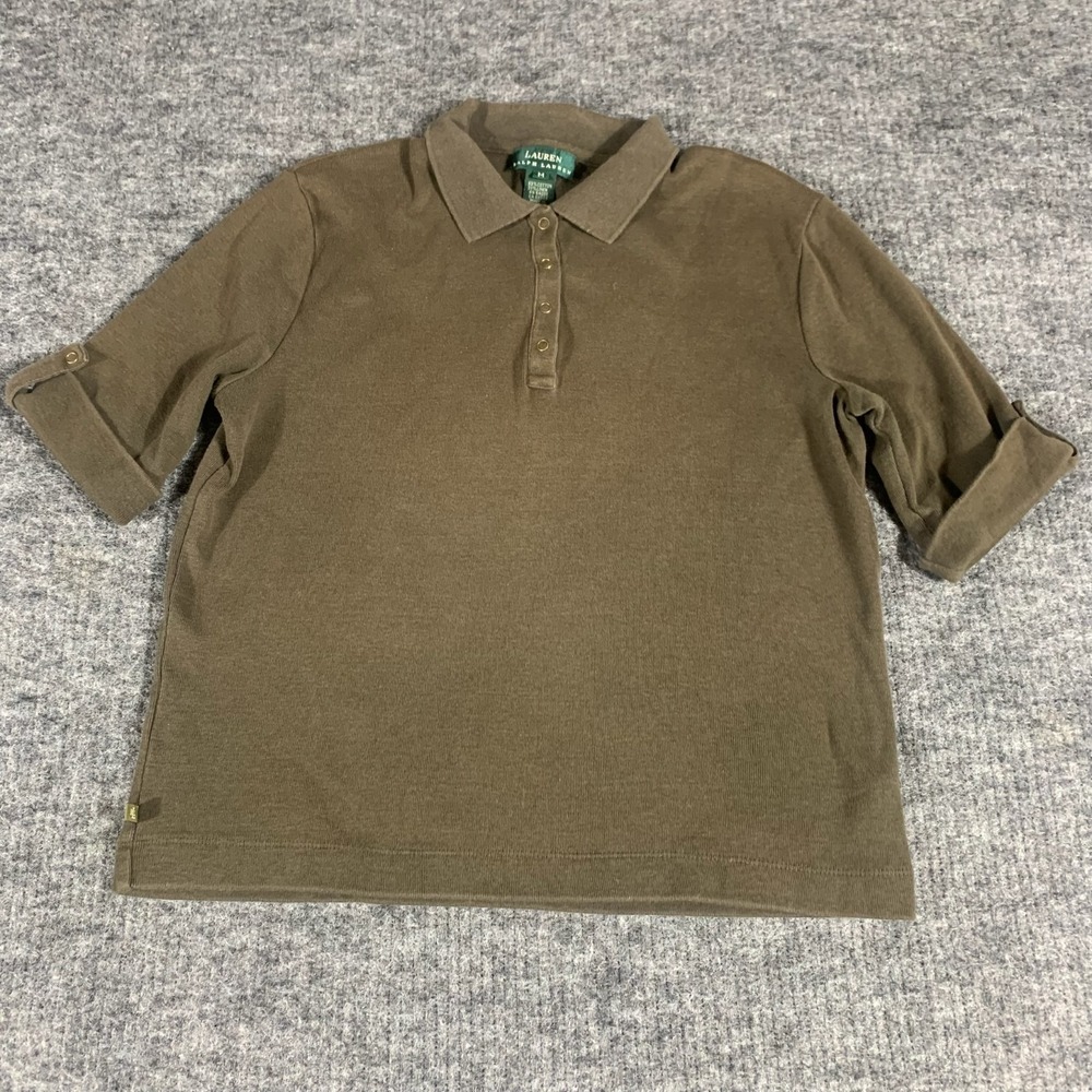 LRL Ralph Lauren Top Womens M Green Collared 3/4 Sleeve Roll Tab Linen Blend‎